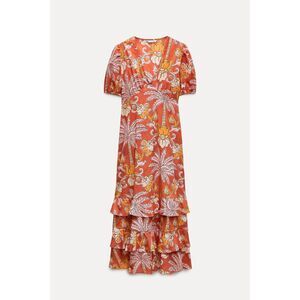 Zara Balloon Sleeve Ruffle Maxi Dress Red Orange Pink Size S NWT